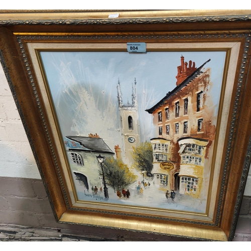 804 - Ben Maile: Oil on canvas with clock tower in the background, signed, gilt framed 49x39cm