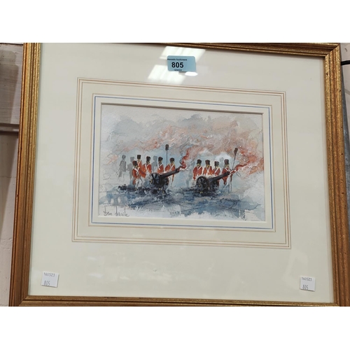 805 - Ben Maile: 'Red Tunics, Red Smoke' military watercolour, red coats firing two cannons, signed and ti... 