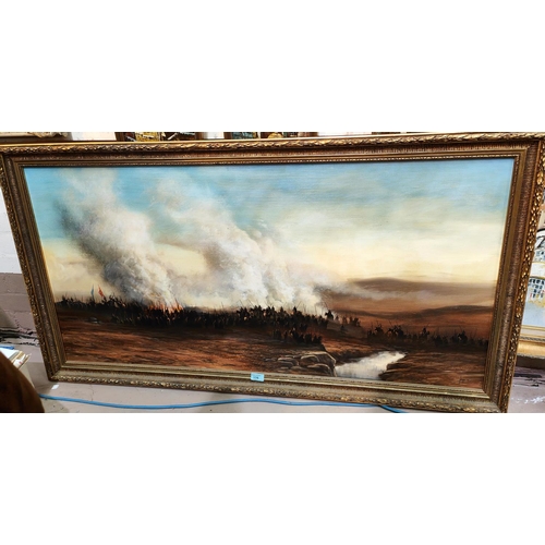 806 - Mike Nance: large military oil on canvas, soldiers on battle field with fires and smoke with flags w... 