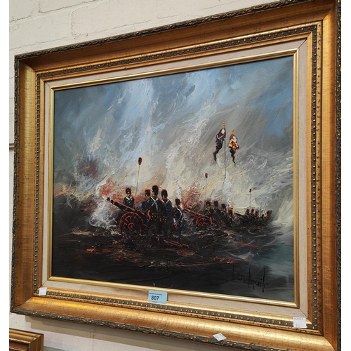 807 - Ben Maile: An atmospheric Napoleonic Military oil on canvas cannon squads of blue coated soldiers wi... 