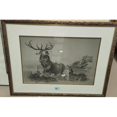 821 - HUNTING SCENE; pencil drawing of hunting dogs attacking  stag on shore of lake signed L.E. Hank... 