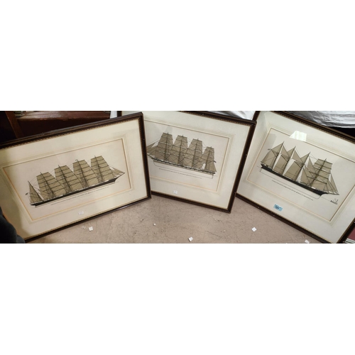 824 - 3 framed and glazed prints depicting side on views of ships, Finish 4 masted Barquentine Mozart Gree... 