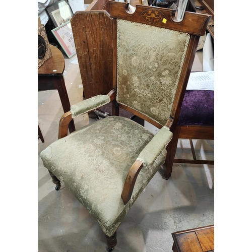 991 - An Edwardian stained mahogany armchair in green brocade