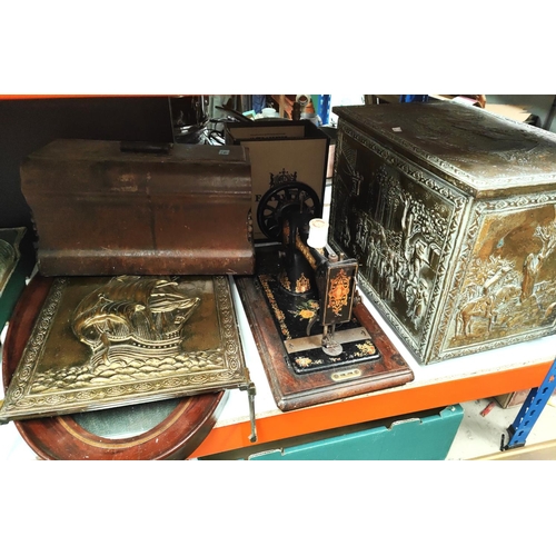 159 - A Jones hand operated sewing machine; an embossed brass log box; an oval mirror in inlaid frame; a f... 