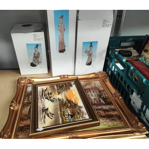 183A - 3 resin figures boxed, a continental oil painting framed, two other pictures