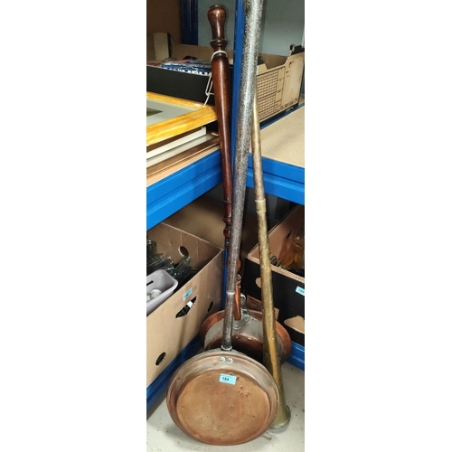 184 - 2 19th century copper warming pans and a brass post hornNo bids sold with next lot