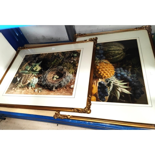 48A - A pair of chromolithographs, still life of birds nest and basket with fruit, framed and glazed