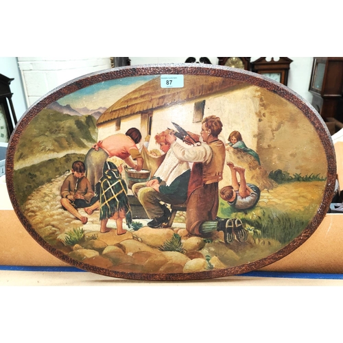 87 - 19th Century Primitive School:  family outside a cottage doing chores, oil on oval wood panel, ... 