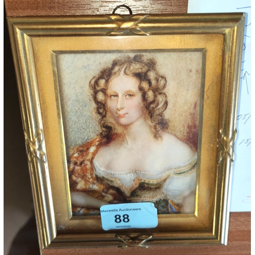 88 - A miniature rectangular portrait:  young woman in low cut dress, oil on panel, framed and glaze... 