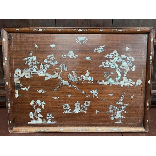 393C - A Chinese wooden tray decorated with mother of pearl hunting scene 58 x 42cm