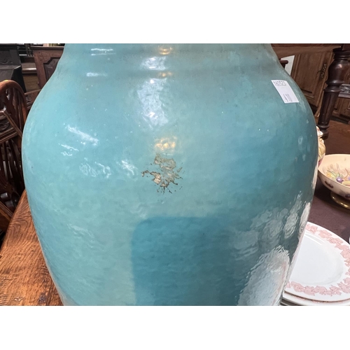 410 - A Chinese large 19th century unusual vase with turquoise glaze with gilt flaring rim, slight step at... 