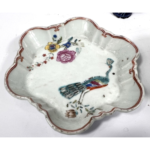 356C - A Chinese dish lotus shape with polychrome decoration, 13cm and 2 other items