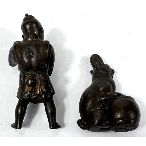 356D - Two Chinese bronze miniature figures of a young boy in robe, ht. 7cm; and a cat in hat playing drum ... 