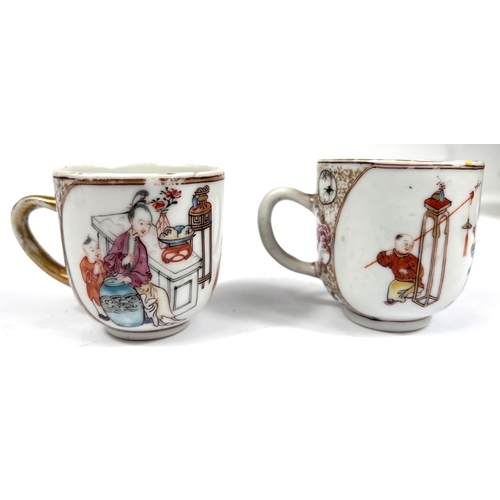 357B - Two Chinese 19th century similarly decorated tea cups with polychrome decoration of interior scenes ... 