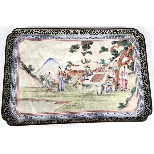 357D - A Chinese enamelled rectangular tray dish with scholars around tables in mountain, scrolling border,... 