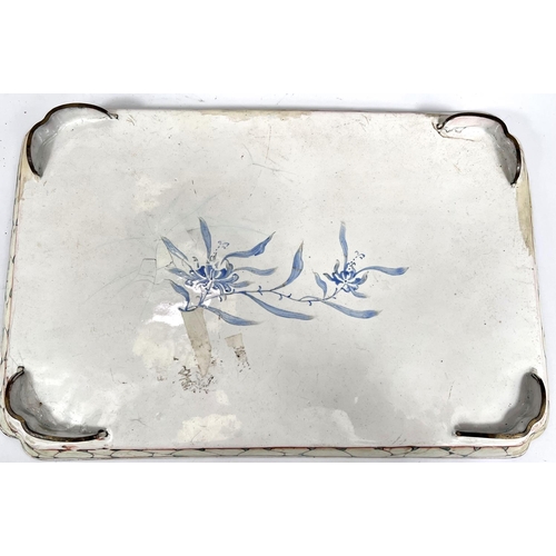 357D - A Chinese enamelled rectangular tray dish with scholars around tables in mountain, scrolling border,... 