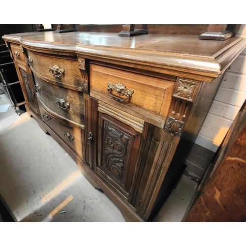 878 - An edwardian carved walnut sideboard with raised mirror bac, 5 drawers and 2 cupboards