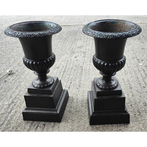 880 - A pair of cast iron urns in the Victorian classical style, on square detachable bases, height 65cm