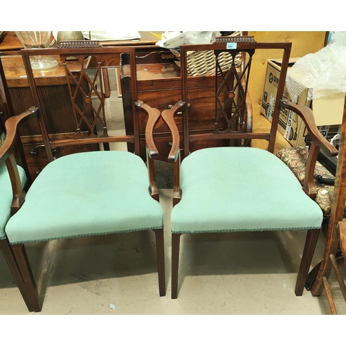 884 - An Edwardian set of 4 (2 + 2) inlaid mahogany dining chairs with turquoise seats and square tapering... 