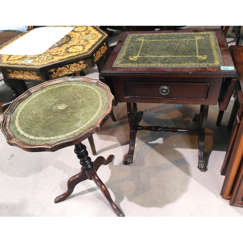 889 - A reproduction drop end sofa table with green leather insert, a similar wine table, other tables etc