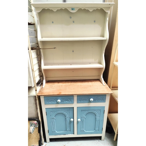 913 - A Welsh dresser with delft rack top over 2 drawers and 2 cupboards, in blue, white and natural oak f... 