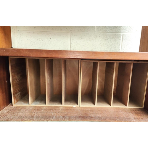 926 - A mid 20th century teak designer wall unit with fall front unit above and bellow with the base being... 