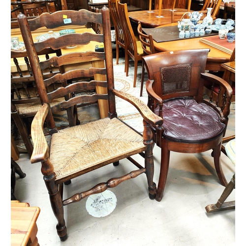 973 - a 19th century country made elm ladder back rush seat  armchair; a cane and spindle back office... 