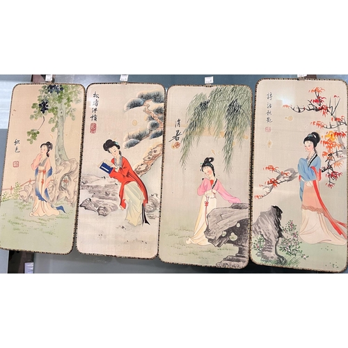 356A - Four Chinese hand painted silk pictures/table screens depicting women in different pursuits, with si... 