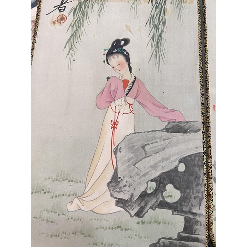 356A - Four Chinese hand painted silk pictures/table screens depicting women in different pursuits, with si... 