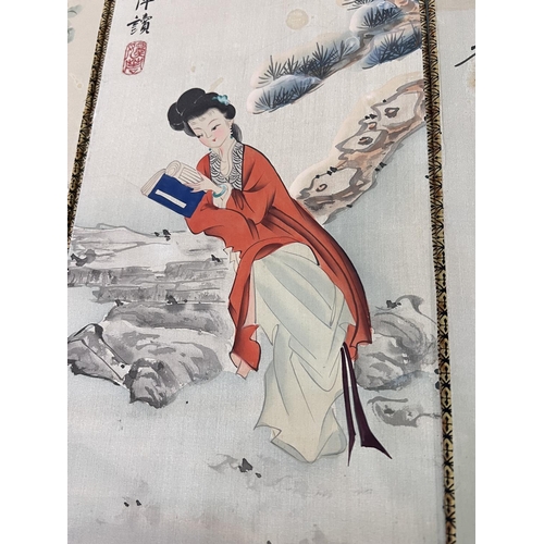 356A - Four Chinese hand painted silk pictures/table screens depicting women in different pursuits, with si... 