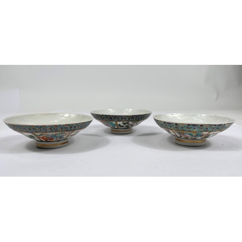 357F - Three matching Chinese ceramic short pedestal dishes with polychrome decoration to underside and pol... 