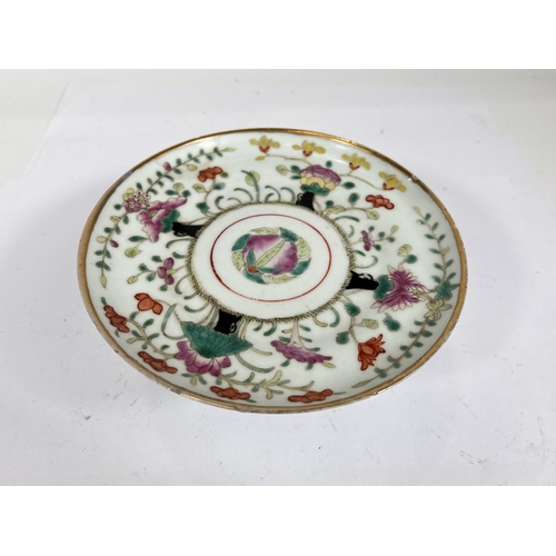 397 - A Chinese ceramic pedestal dish famille verte decoration, diameter 18cm, height 8cm (reglued chip)