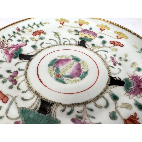 397 - A Chinese ceramic pedestal dish famille verte decoration, diameter 18cm, height 8cm (reglued chip)