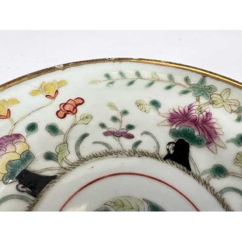 397 - A Chinese ceramic pedestal dish famille verte decoration, diameter 18cm, height 8cm (reglued chip)