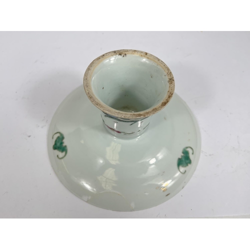 397 - A Chinese ceramic pedestal dish famille verte decoration, diameter 18cm, height 8cm (reglued chip)