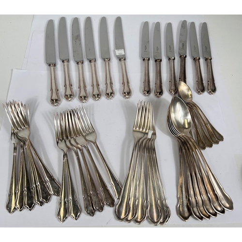 666 - A German part canteen of white metal cutlery, DuBarry pattern, stamped '800', with crescent and crow... 