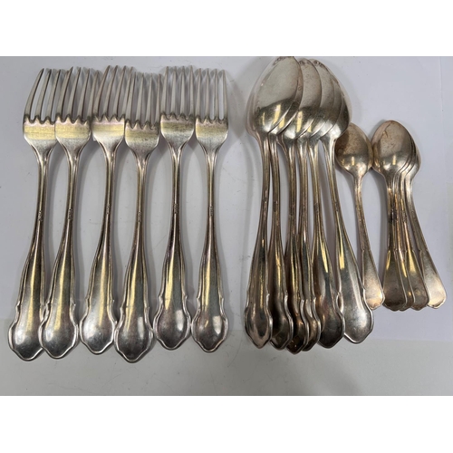 666 - A German part canteen of white metal cutlery, DuBarry pattern, stamped '800', with crescent and crow... 