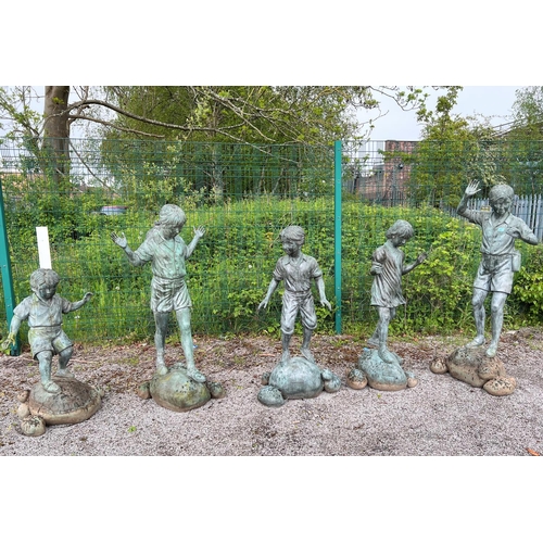 830 - After Eneri Prosperi, a group of 5 bronze garden statues depicting children on stepping stones, 3 be... 