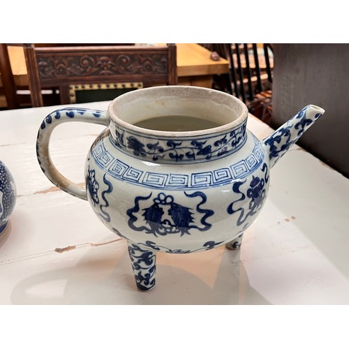 452 - A large Chinese three footed teapot, (no lid) a selection of blue and white and other Chinese items