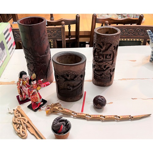 453 - Three Chinese caved bamoo brush pots and a selection of other similar items