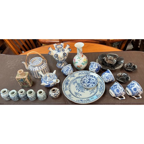 455 - An unusual small Chinese, double handled, doubled spouted tea pot and a selection of Chinese blue an... 