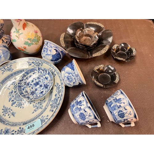 455 - An unusual small Chinese, double handled, doubled spouted tea pot and a selection of Chinese blue an... 