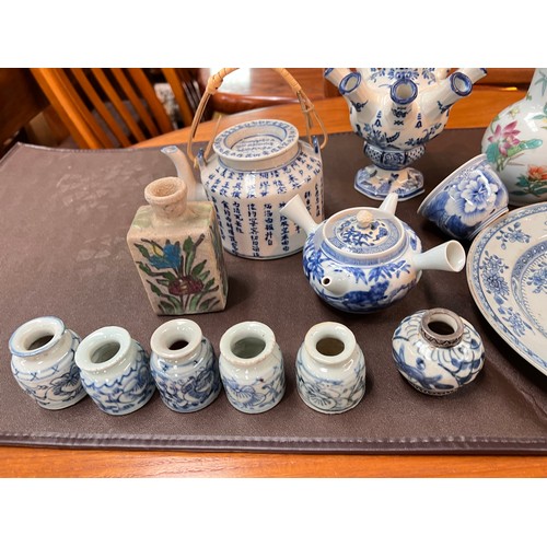 455 - An unusual small Chinese, double handled, doubled spouted tea pot and a selection of Chinese blue an... 