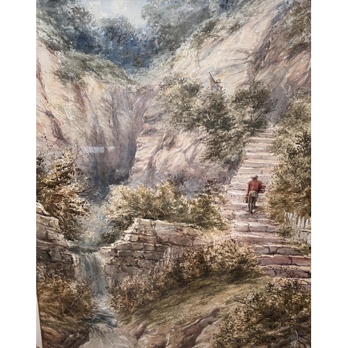 795 - English School, Blackgang Chine in the Isle of Wight, Man climbing steps by a waterfall, water colou... 