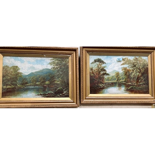 828 - 19th century river landscapes with Cattle, pair of oil on canvas, signed indistinctly, 28 x 44, fram... 