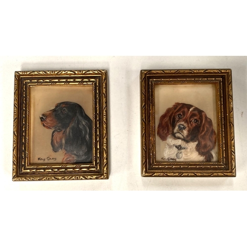 19B - Kay Gray: Two miniature gouache portraits of dogs in gilt frames, 6cm