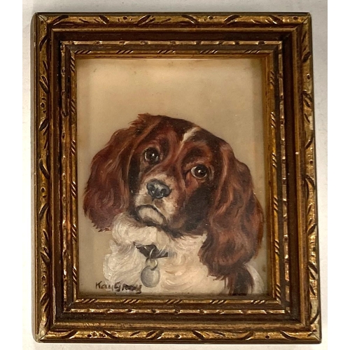 19B - Kay Gray: Two miniature gouache portraits of dogs in gilt frames, 6cm