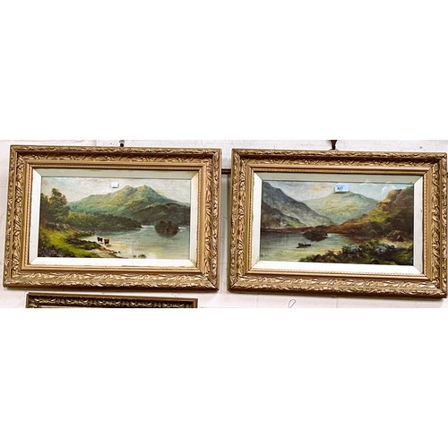 827 - 19th century Loch landscapes with Highland Cattle, pair of oil on canvas, signed indistinctly, 24 x ... 