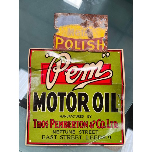 140 - 2 advertising  signs - one small enamel Metal Polish 18 x 13cm, rusted, and Premier Motor Oils paper... 