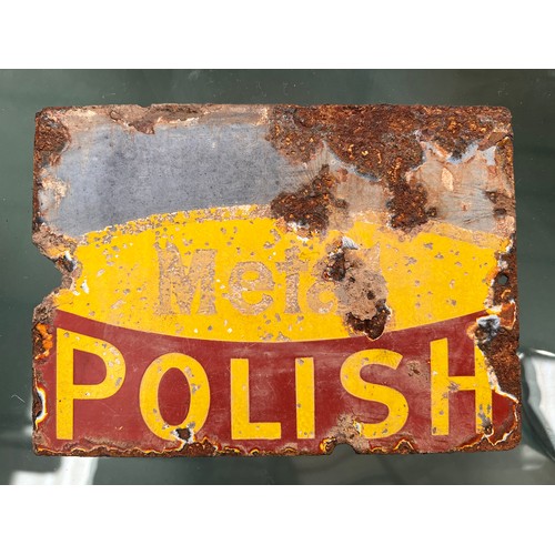 140 - 2 advertising  signs - one small enamel Metal Polish 18 x 13cm, rusted, and Premier Motor Oils paper... 